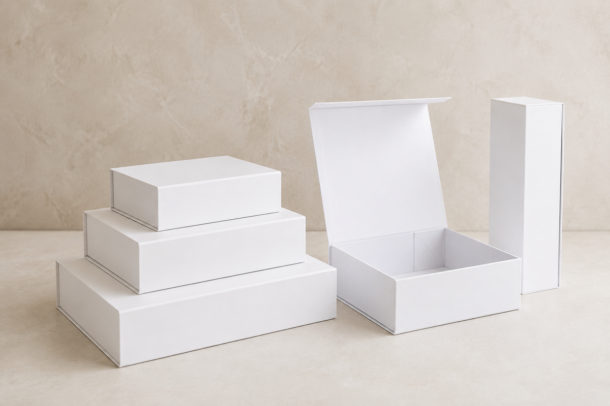 Nested premium gift boxes in graduated sizes beside a single-bottle wine gift box