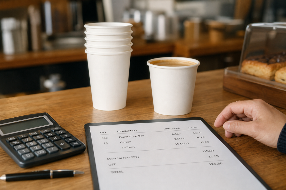 Cafe owner at the counter reviewing an ex-GST wholesale invoice on a tablet beside a stack of wholesale cups
