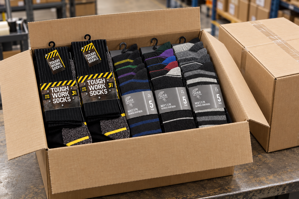 Cartons of wholesale socks packed and ready for dispatch on a trade counter