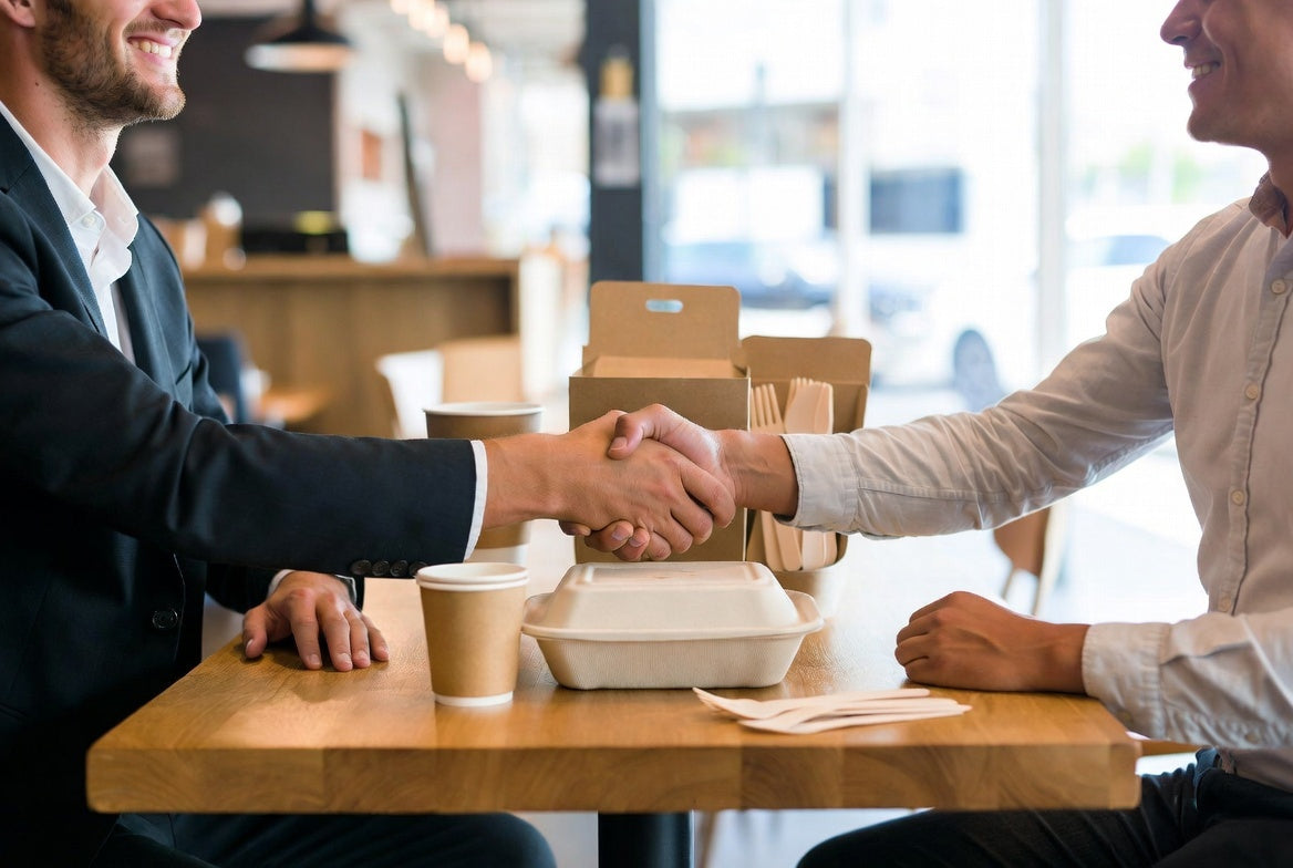 Melbourne cafe owner and wholesale supplier handshake partnership with eco-friendly disposable products on table