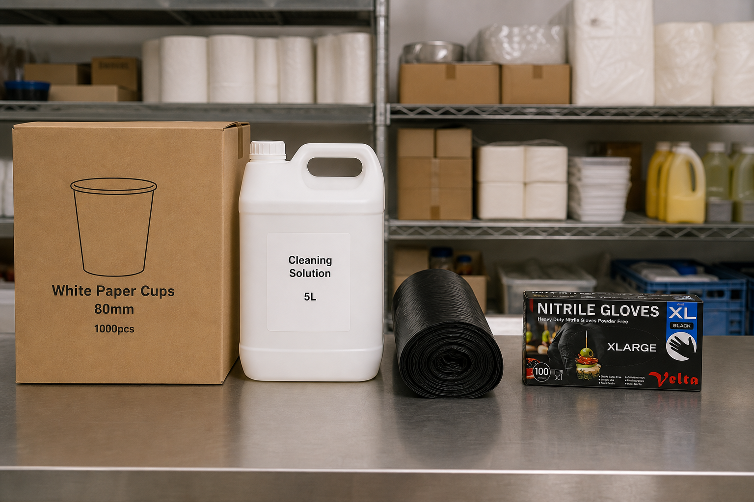 Cartons of wholesale cups, bin liners, gloves and cleaning supplies stacked together on a Melbourne storeroom bench