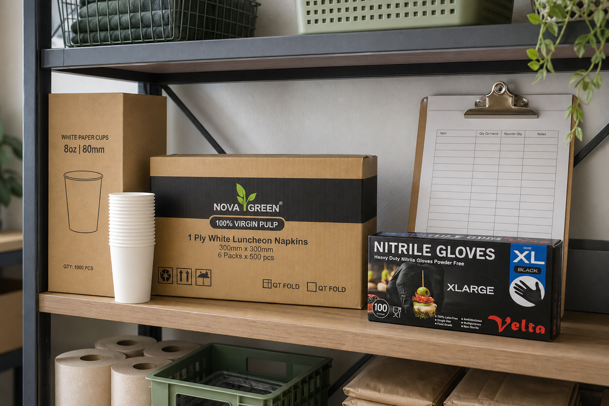 Cafe and office back-of-house shelves stocked with wholesale cartons of cups, napkins and gloves