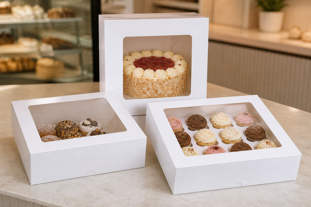 Clear window-face cake box and patisserie window box beside a 12-section cupcake box on a bakery counter