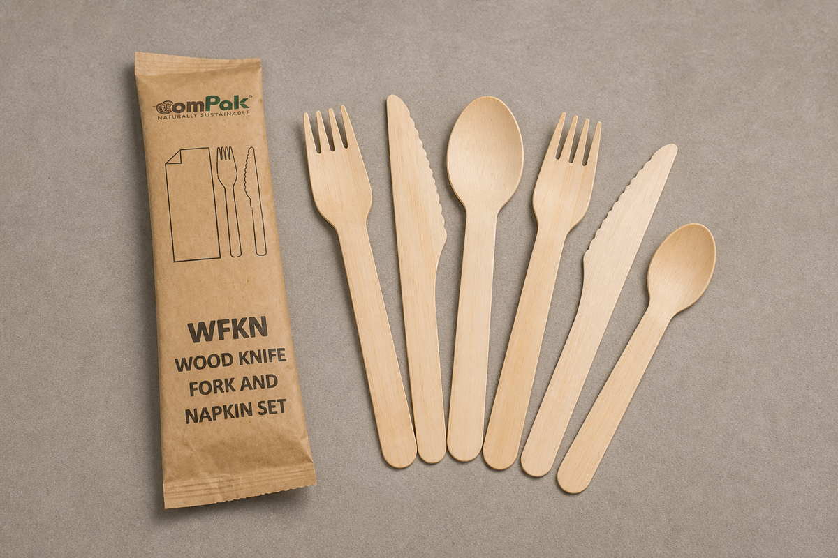 Disposable wooden and bamboo forks, knives and spoons fanned out beside a kraft-wrapped cutlery set
