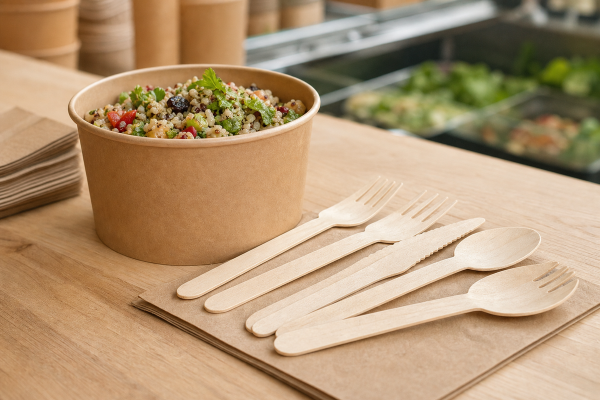 Birch wooden forks, knives and spoons fanned out next to a takeaway bowl