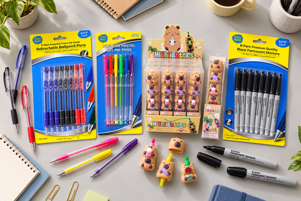 Writing supplies laid out in a flat-lay - retractable ballpoint pens, gel pens, stackable highlighters and black permanent markers