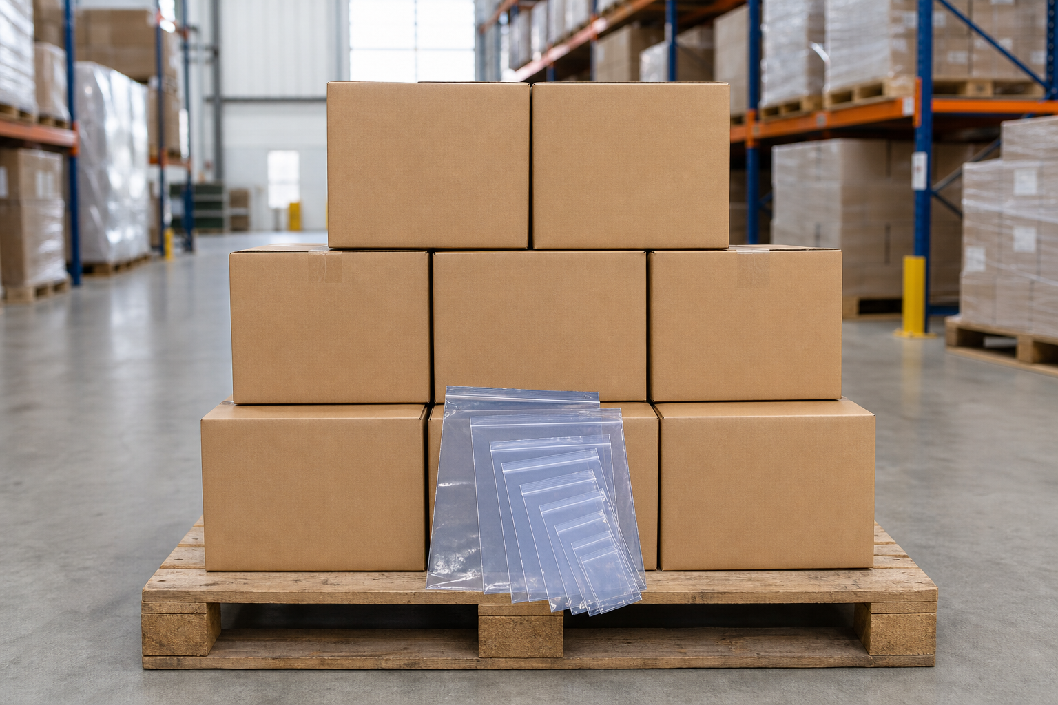 Stacked cartons of wholesale zip lock bags on a pallet in a Melbourne warehouse