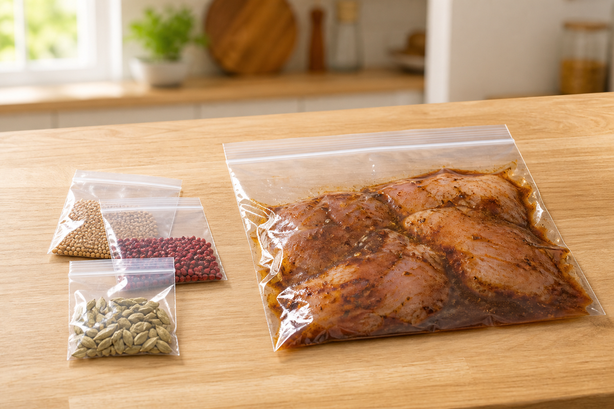 Small zip lock bags holding spices beside large zip lock bags holding marinated portions on a prep bench