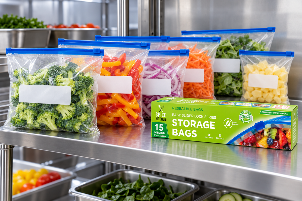 Labelled zip-lock bags of prepped vegetables lined up in a commercial fridge